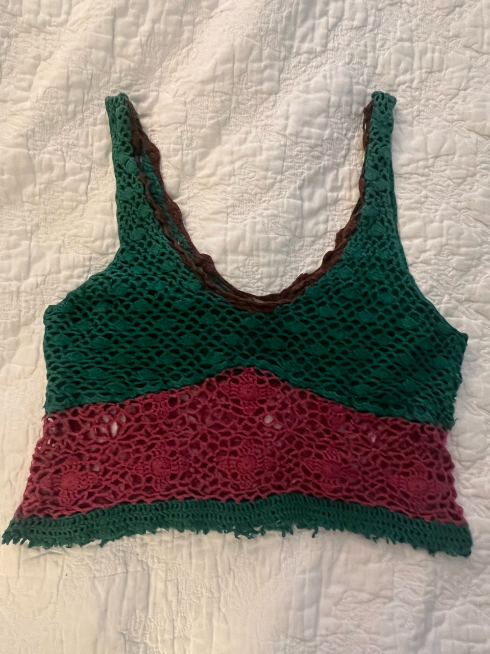 Lily White Green and Burgundy Crochet Crop Tank